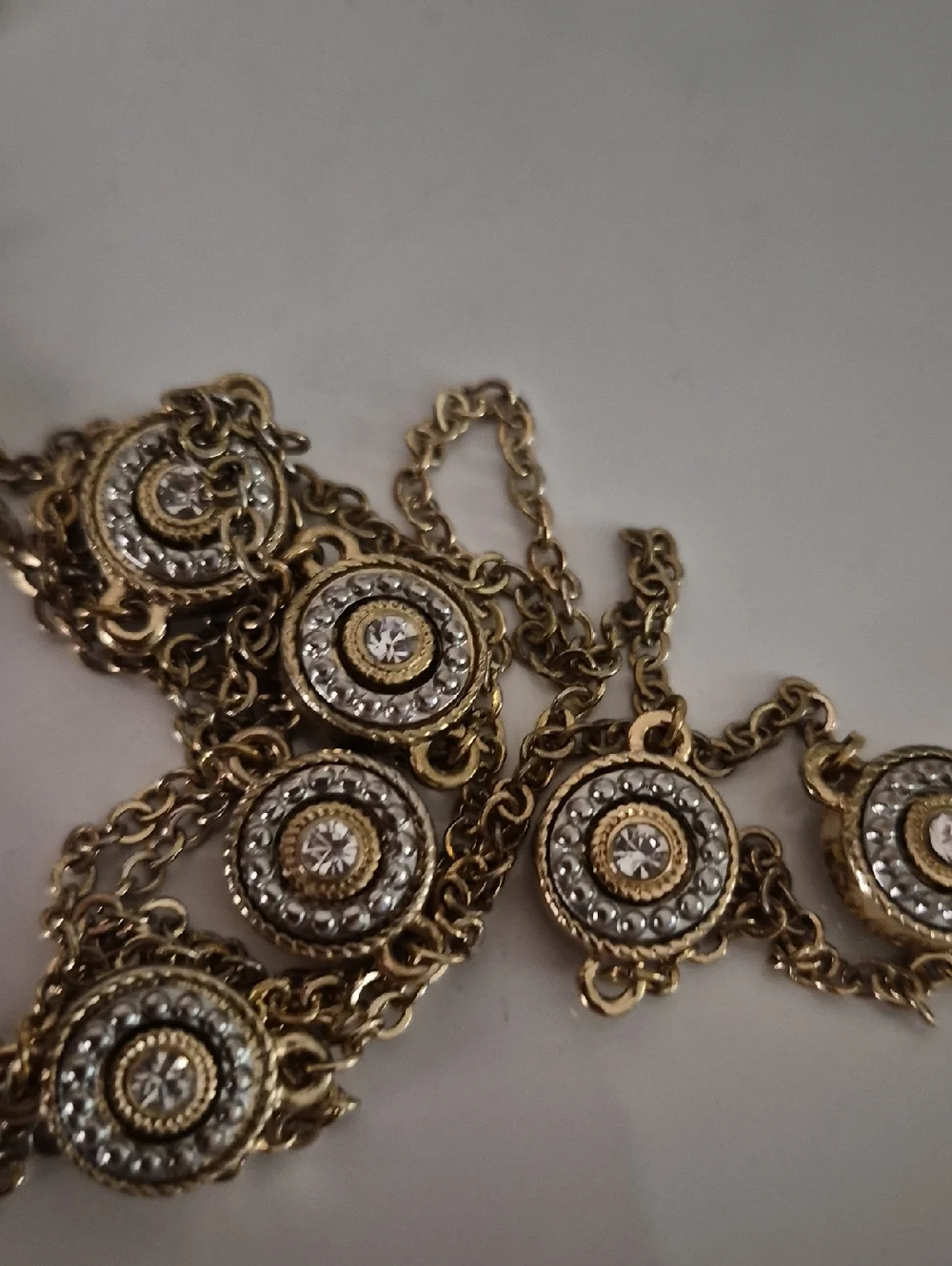 Vintage Gold-Tone Circle Station Crystal Multi Medallion Long Necklace 40